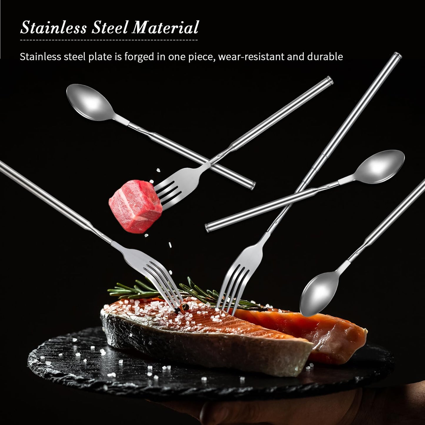 Geetery 2 Pcs Extendable Fork Spoon Set Telescopic Spoon and Long Telescoping Fork Stainless Steel Dinner Retractable Extend to 25 Inch Anti Rust Tableware Supplies for Barbecue Toasting Fruit Dessert