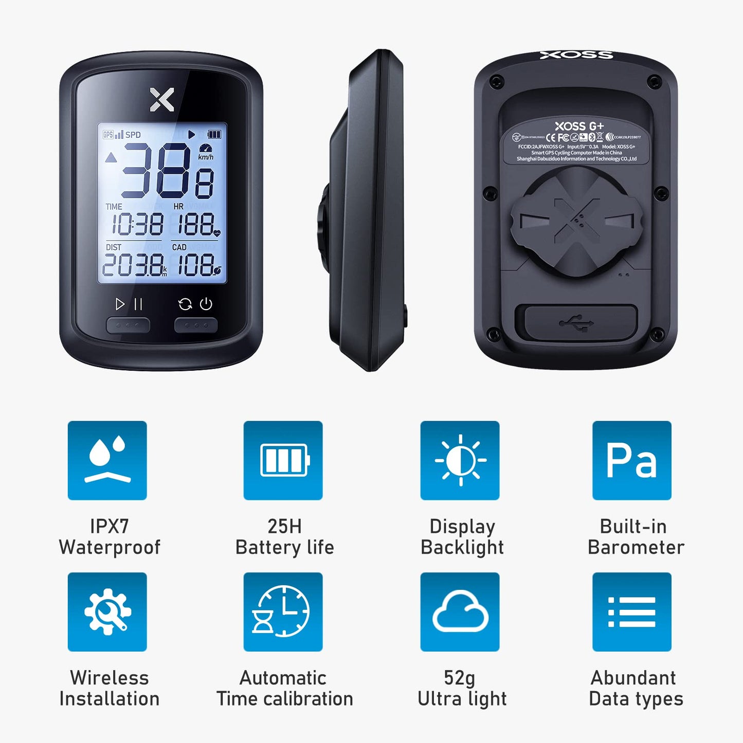 XOSS G+ GPS Bike Computer with Mount, Wireless Bluetooth Cycling Speedometer, Multifunctional ANT+ Bicycle Odometer with Auto Backlight and IPX7 Waterproof MTB Tracker (4 in 1)