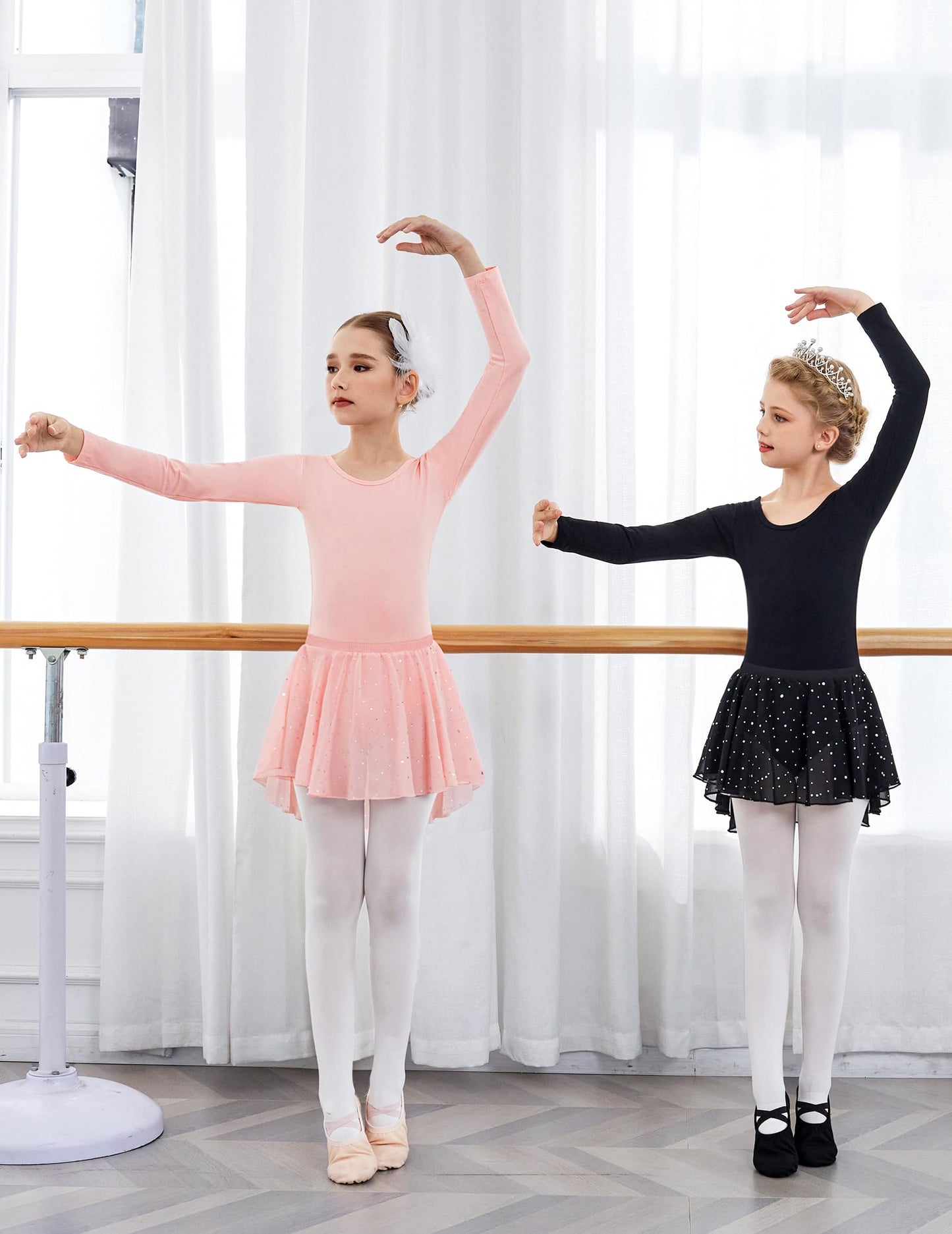 Zaclotre Girls Ballet Leotards Toddler Long Sleeve Crisscross Back Dance Dress Outfit with Removable Shiny Skirt Combo