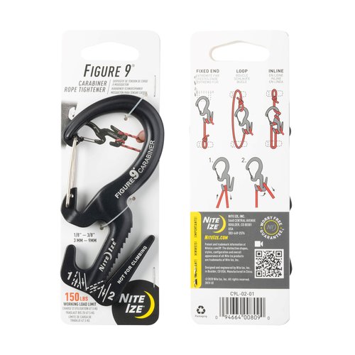 Nite Ize Figure 9 Carabiner Rope Tightener - Heavy-Duty Carabiner Clip - Cord & Rope Tightener with Wire Gate - Carabiner Camping Accessories & Tent Essentials - Large, Black (3 Pack)