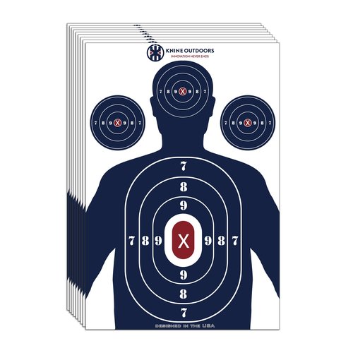 KNINE OUTDOORS Shooting Targets Paper, 12 x18 inch, Bulk for Hunting, Handguns, Pistols, Rifles, Silhouette with Red Bullseye, Blue Design (25 Pack)