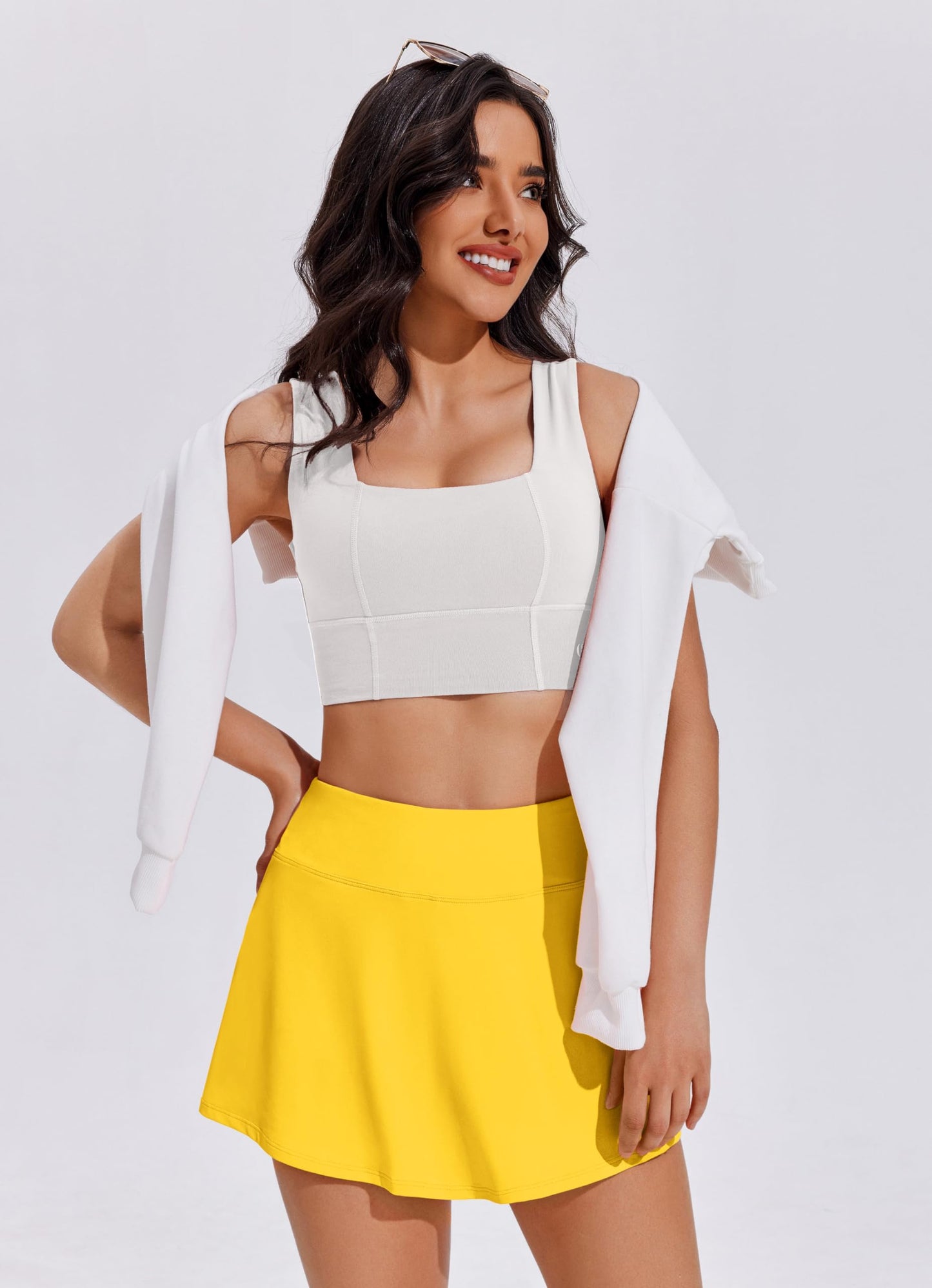 PINSPARK High Waisted Tennis Skirt for Women Skorts Skirts with Pockets Casual Pleated Golf Athletic Running,Yellow Small