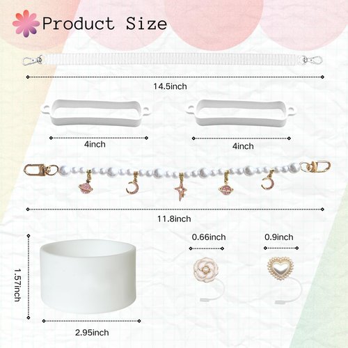 Stanley Accessories Set - Pearl Cup Strap, Silicone Water Bottle Handle, Bling Cup Charm Fits Most 8-40 oz Bottles, 1 Pcs Silicone Boot, 2 Pcs Straw Topper Cover Cap