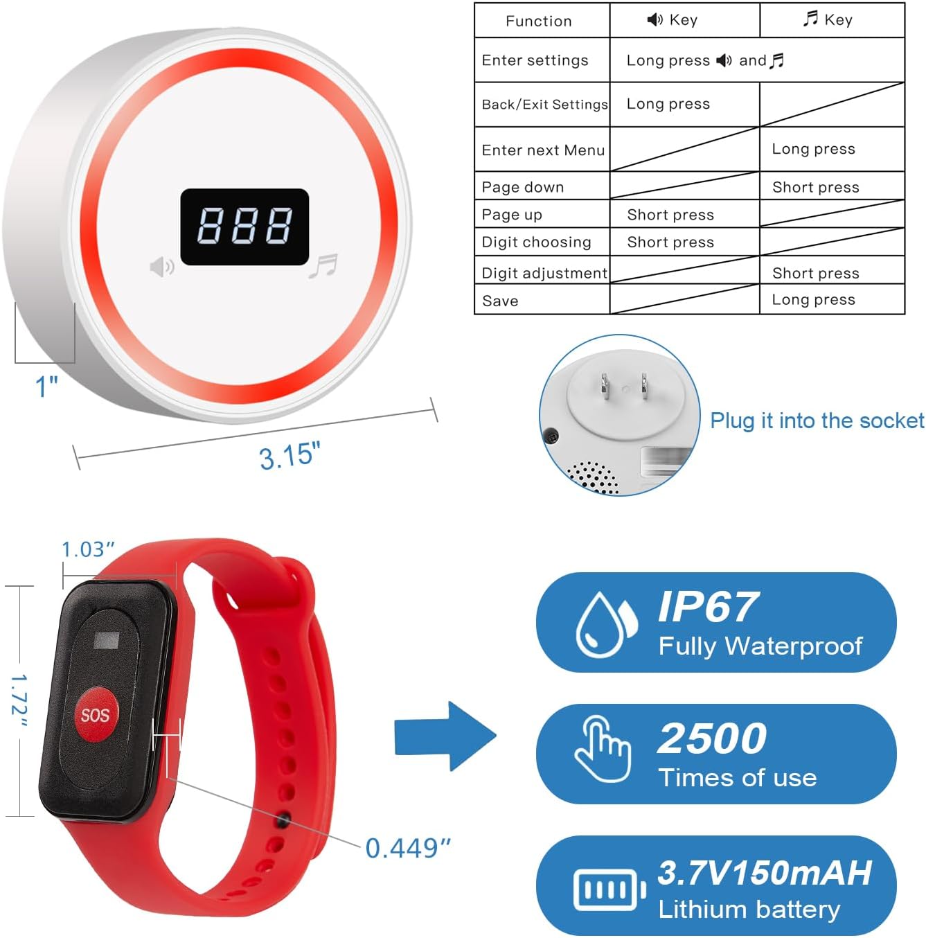 Wireless Caregiver Pager Call Button Emergency Calling System 328 Feet 1 Call Button/1 Watch Button/1 Receiver Nurse Alert System for Elderly Patient Disabled (1 Red H1+1 3DB+M2)