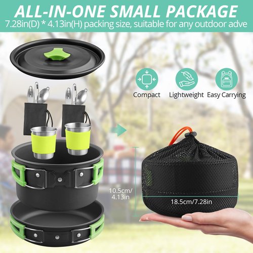 VINTEAM Camping Cookware Set 830g Stainless Steel Pot Pan Set with Folding Handle and Storage Bag for 1-2 Person Outdoor Hiking Camping
