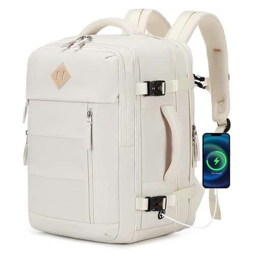 PIG PIG GIRL Travel Backpack for Men, 32L Expandable Carry On Flight Approved Backpack for Women 15.6inch Personal Item Travel Weekender Bag with Dry Wet Pocket, Beige