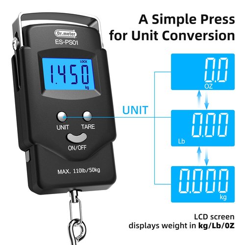 Dr.meter PS01 Fish Scale with Fish Lip Gripper - 110lb/50kg Backlit LCD Display Digital Weight Scale with Built-in Measuring Tape - Stainless Steel Fish Holder Tool Set, Fishing Gifts for Men
