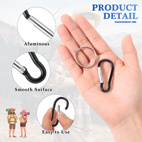 Yaocom 200 Pcs 1.8" Bulk 100 Aluminum Clip Keychains with 100 Keyrings Metal Mini Spring Snap Hooks for Camping Hiking Traveling Outdoor Activities (Black)