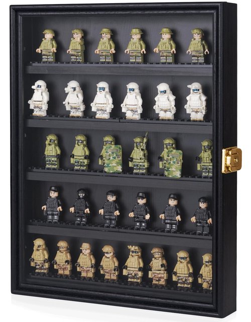 Minifigure Display Case 11X14 Inch with Lock,Figures Building Block Toy Wooden Shadow Box，Miniature Collectibles Display Cabinet Wall Mount or Tabletop for Storage Mini Figure Black