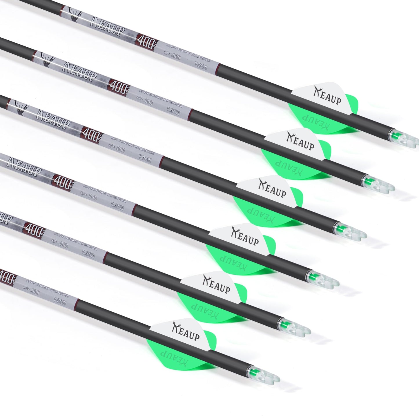 KEAUP 31 inch 100% Carbon Arrows and Broadheads .244/6.2mm Lighted Nocks Set, 6 Pack Hunting Compound Bow and Recurve Bow Shaft Spine 300/350/400/500 (Spine 350, Green)
