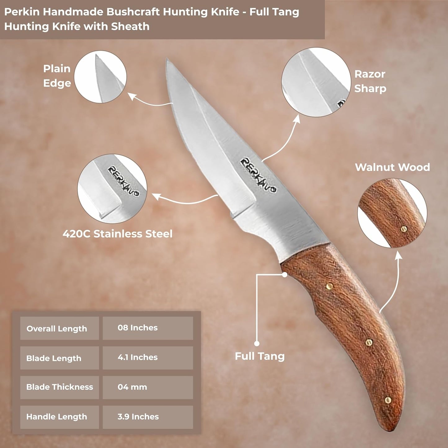 Perkin Handmade Fixed Blade Hunting Knives-Full Tang Bushcraft Fixed-Blade Knives for Men Woman Outdoor, Camping, Survival Tactical, Fighting, Hiking, Skinning, Hunter-Unisex Adults