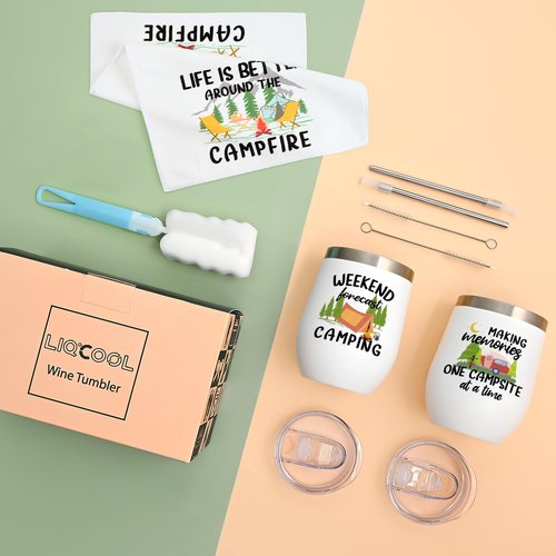 LiqCool - 2 Pack Camping Tumblers with Kitchen Towel Set, Cool Camping Gifts for Men, Women, Couples, Outdoor Gifts for Picnics, Hiking, RV Campers, Birthday, Christmas 12 Oz
