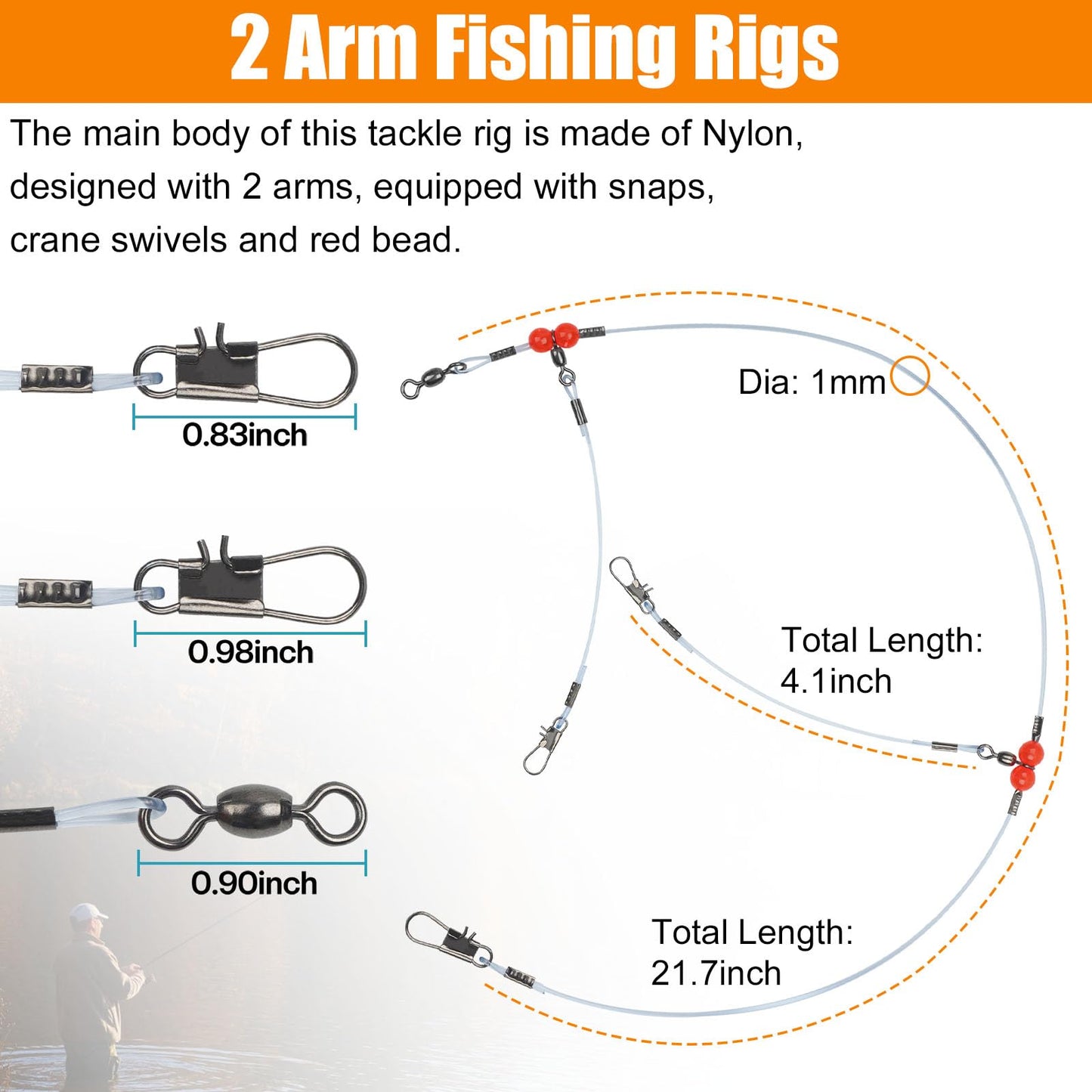 Fishing Leaders Saltwater Tackle Surf Fishing Rigs High Strength Fishing Wire Leader Line Rig with Swivels Snap for Lures Bait Hooks (2 arm, 12pcs, Blue Nylon)