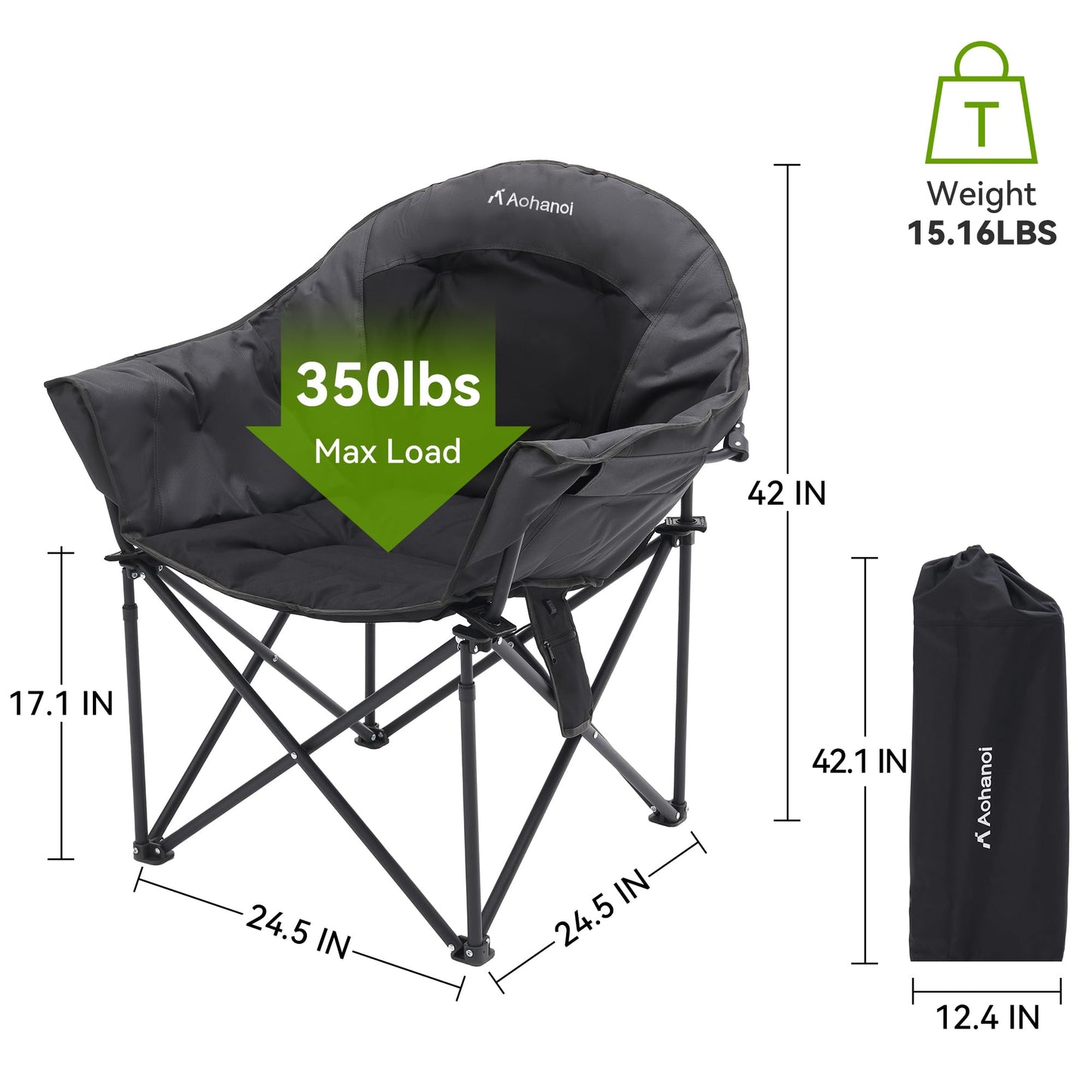 ABSCONDO Camping Chairs, Padded Camp Chairs for Heavy People, Oversize Outdoor Folding Chairs with Adjustable Angled Backrest, Lawn Chairs Folding Supports up to 350lbs