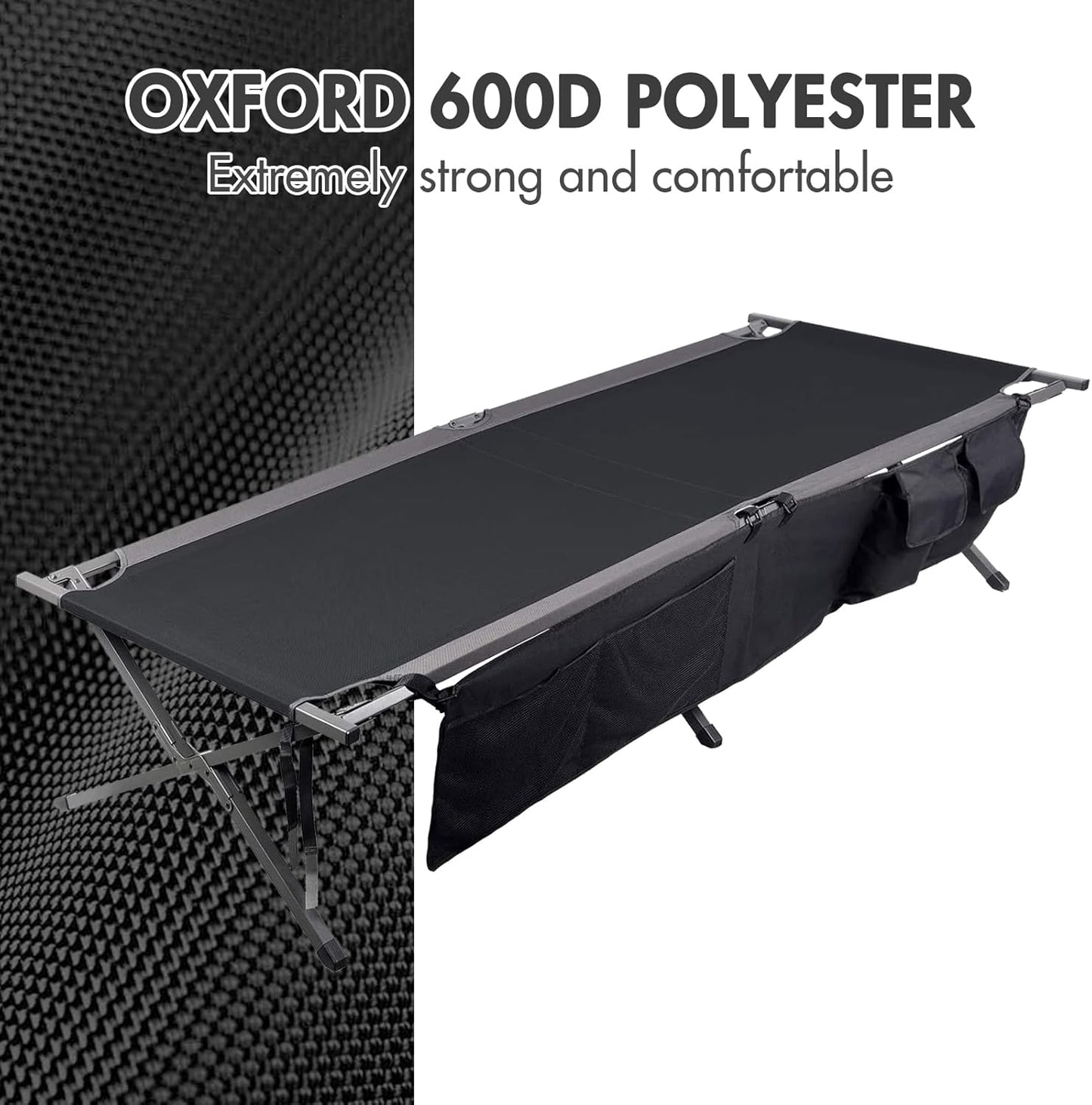 PORTAL Folding Portable Camping Cot, Guest Bed with Carry Bag and Side Storage Organizer, Camping Cots for Adults Sleeping, Away Tent Sleeping Cot Bed, Supports 300 LBS, Black
