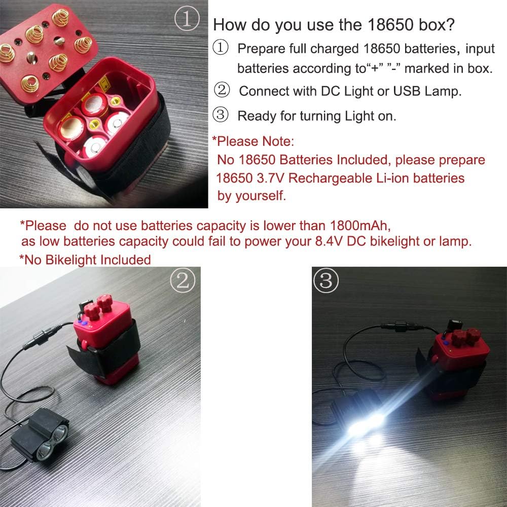 MINCHEN Bike Light Batteries Pack Case, Waterproof Case for 6 x 18650, 8.4V Rechargeable Cycling Safety Battery Pack Case House Cover with DC and USB Interface for Cycling Bike Light Headlamp(Red)
