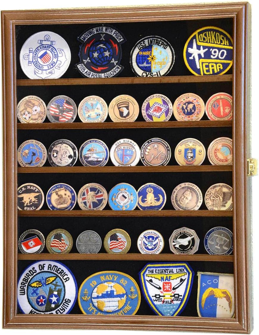 56 Challenge Coin Display Case Cabinet - Fully Adjustable Shelves - Larger Coins - 98% UV Protection (Black Finish)
