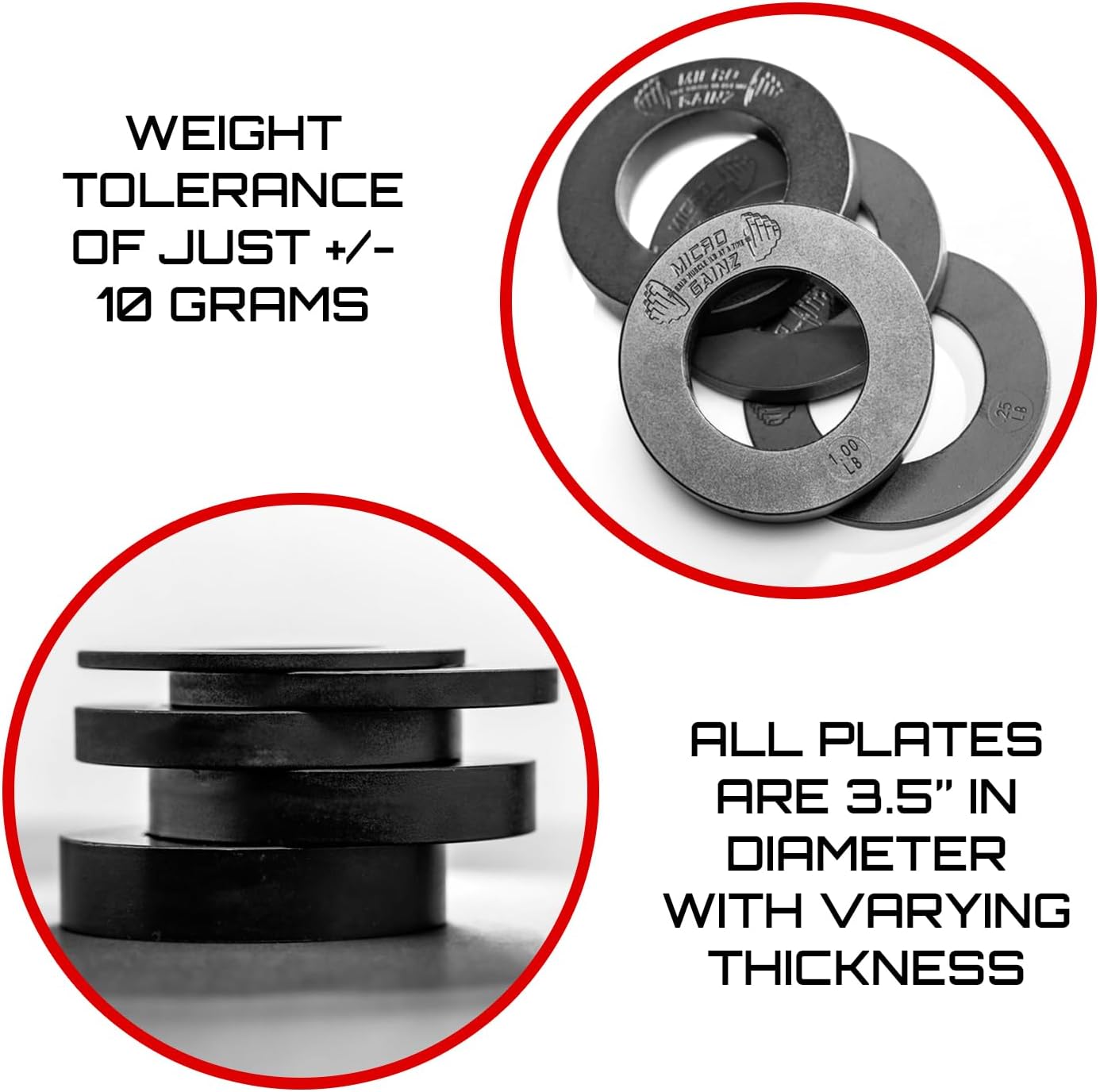 Micro Gainz Calibrated Fractional Weight Plate Set of 2 Plates, Choose Set (.25LB-1.25LB), Designed for Olympic Barbells for Strength Training & Micro Loading Bar Weights, Made in USA