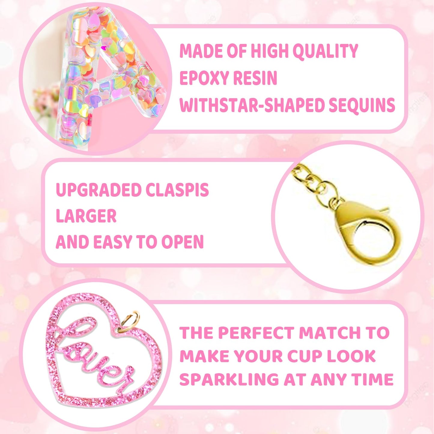 Fabenyok Letter Charm Accessories for Stanley Cup, Cute Initial Letter Keychain Handle Charm with Love for Stanley Tumbler for Women Girls (Pink, Letter S)