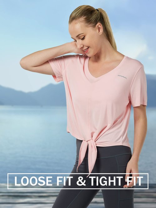 GRAMVAL Tie Front Womens T Shirts, Short Sleeves V Neck Tee Tops Athletic Workout Gym Yoga Sweatshirts Pink XL