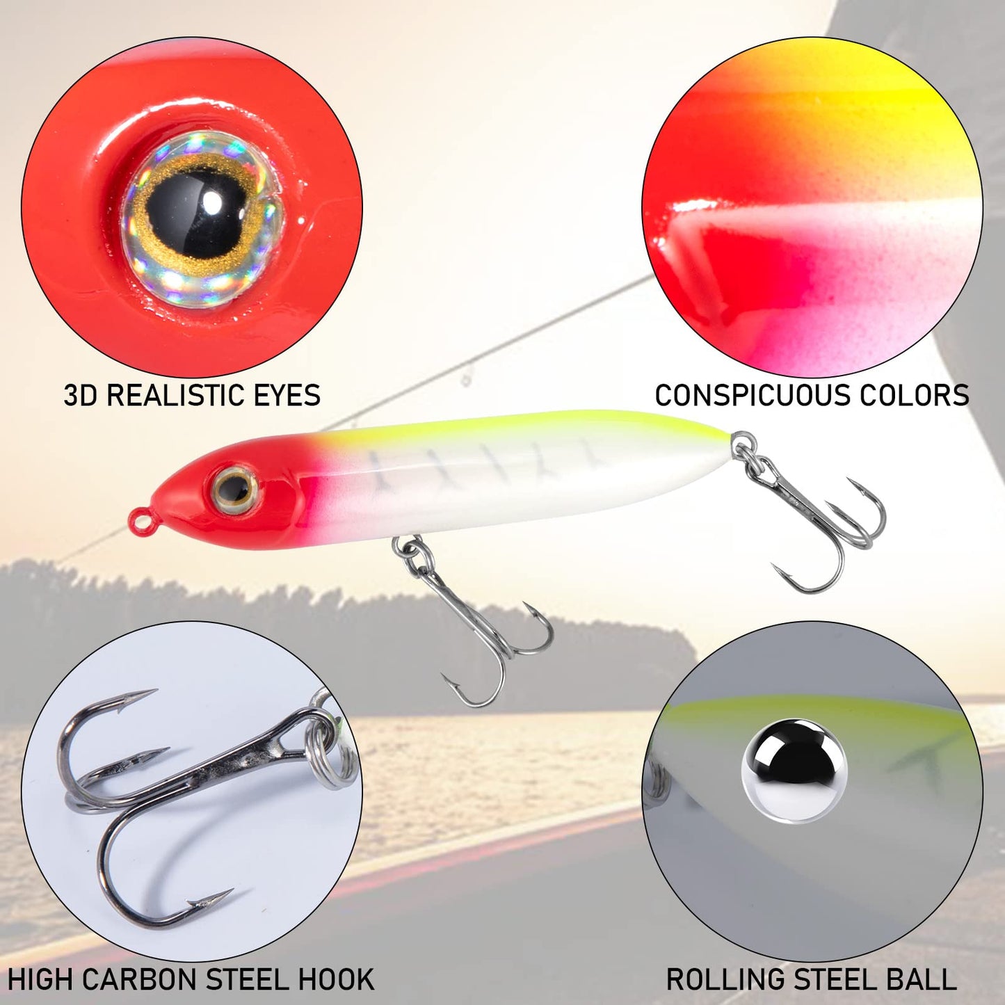 Alwonder Topwater Fishing Lures Kit for Saltwater and Freshwater, Bass Fishing Lures Treble Hooks Hard Baits, Walk-The-Dog Lure Set for Pike, Striper, Speckled Trout