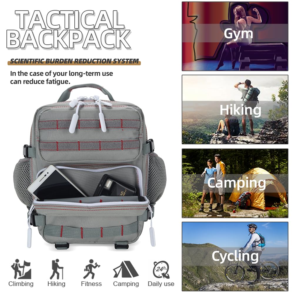 9L Mini Tactical Backpack for Men and Women, Tactical Backpack Small for Hiking, Small Tactical Bag（Grey Red）