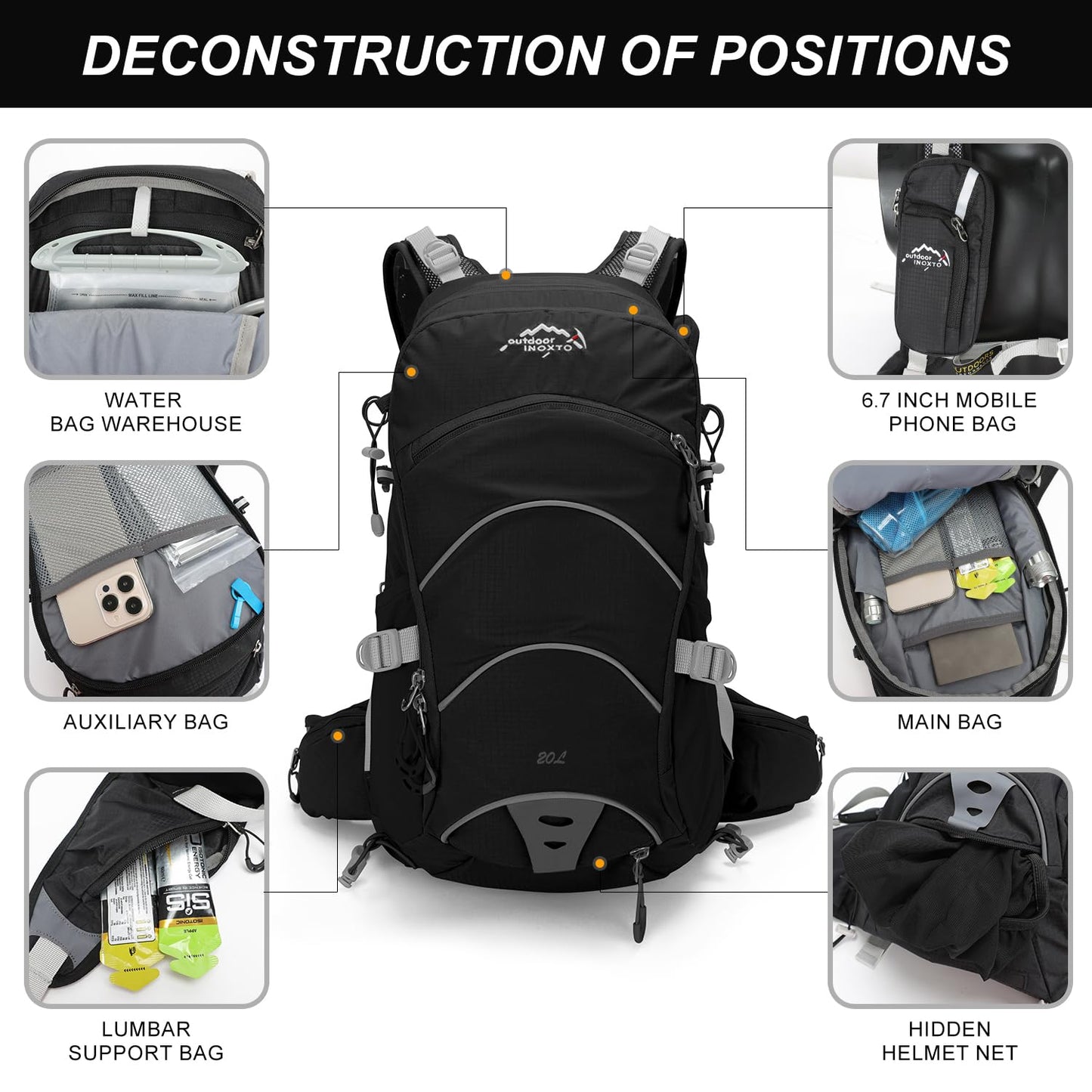 IX INOXTO Hydration Pack,20L Hydration Backpack, Hiking Internal Frame Backpacks with 2L Hydration Water Bladder and Rain Cover, for Cycling,camping, hunting,Ski, Snow for Men, Women (black)