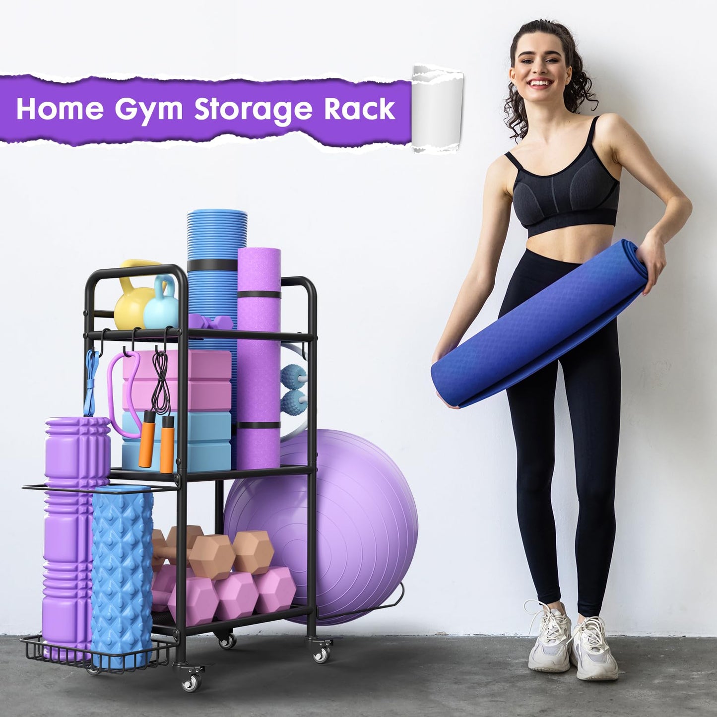 Home Gym Storage Rack Exercise Equipment Storage Organizer for Yoga Mat Dumbbells Kettlebells Foam Roller Yoga Strap & Resistance Bands, Ideal Yoga Mat Holder & Workout Equipment Organizer