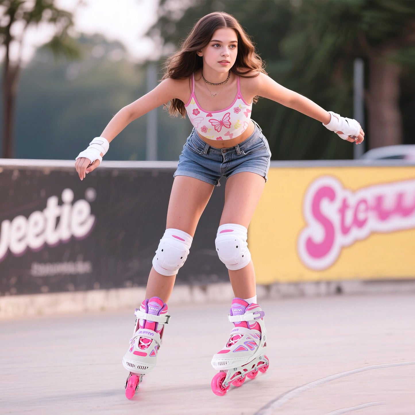 2PM SPORTS Vinal Inline Skates for Girls Boys Kids Ages 5-8 8-12 with Adjustable Illuminating Wheels, Inline Roller Skates for Youth Women Men - White Pink Medium
