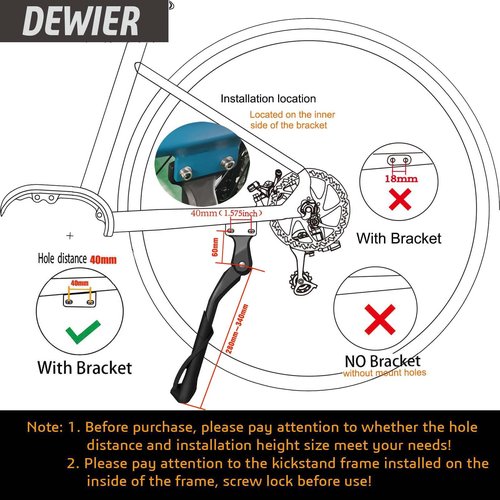 Dewier Bike Kickstand Aluminium Adjustable Bicycle Kickstand suitable Rear Side electric bicycles Fit for 26" 27.5" 29" 700C Bike Kick Stand for Bicycles ebike Kickstand (40mm Hole Distance) Storage