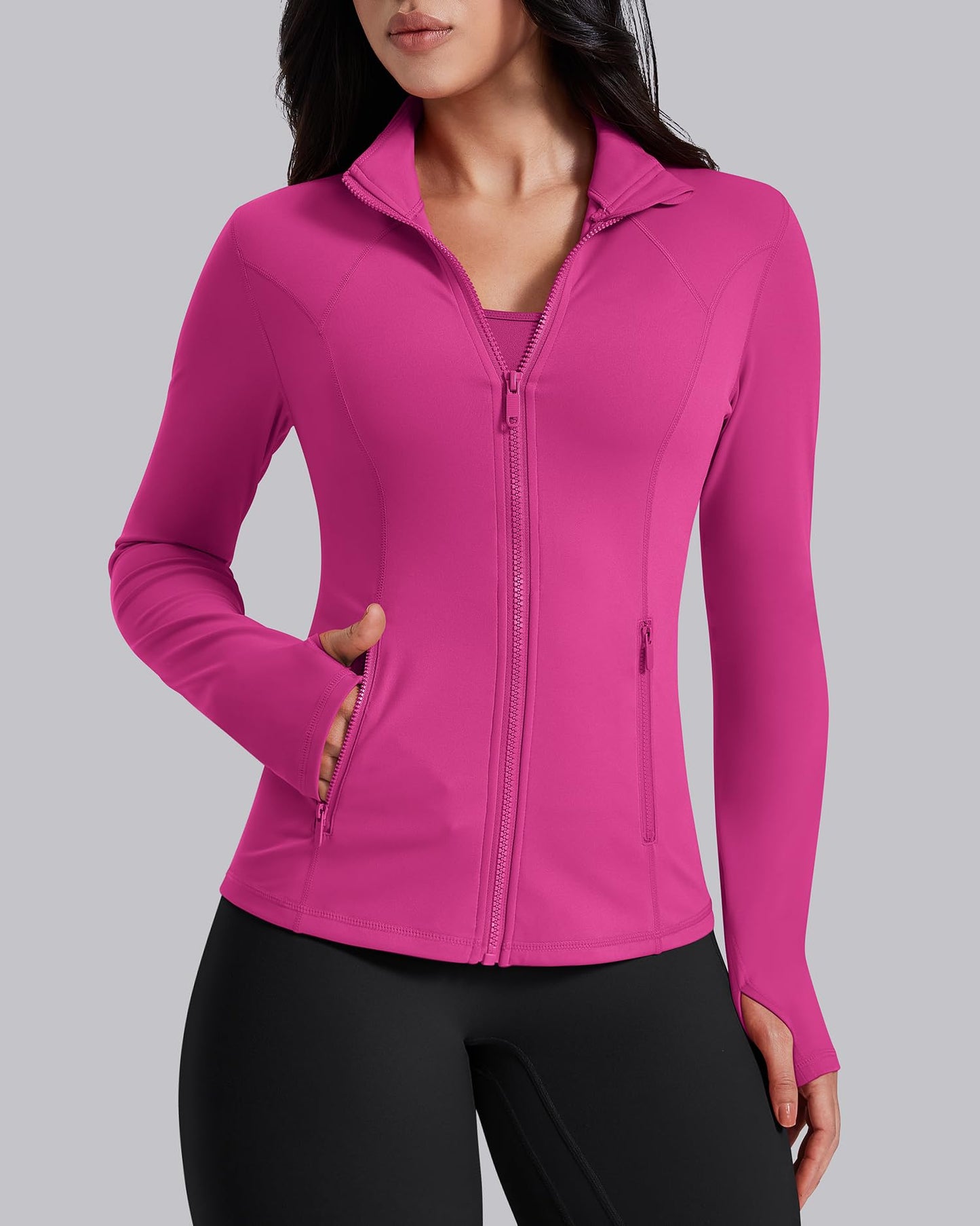 AVGO Womens Workout Jackets Lightweight Athletic Zip Up Jacket Slim Fit Running Gym Top with Pockets & Thumb Holes(Hot Pink, XXL)