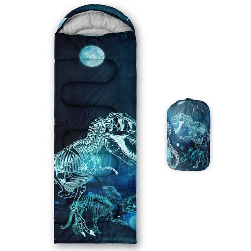 Sleeping Bags for Adults and Kids Camping Sleeping Bags for Girls and Boys Lightweight Waterproof Cold/Warm Sleeping Bag for 3 Season (Blue Dinosaur, Single -31.5x90.5)