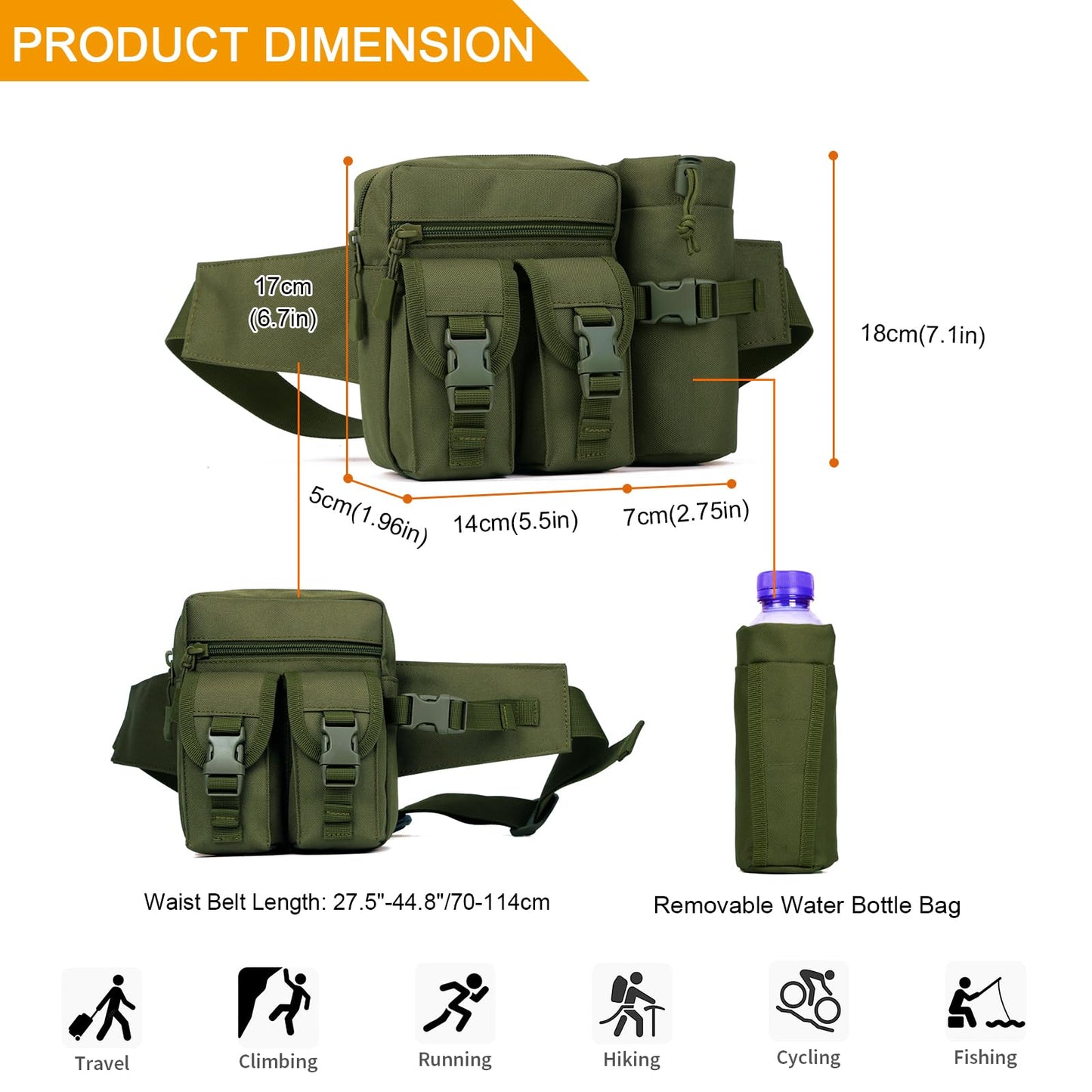 Huntvp Tactical Waist Pack Pouch With Water Bottle Pocket Holder WR Molle Fanny Hip Belt Bag (Army Green)