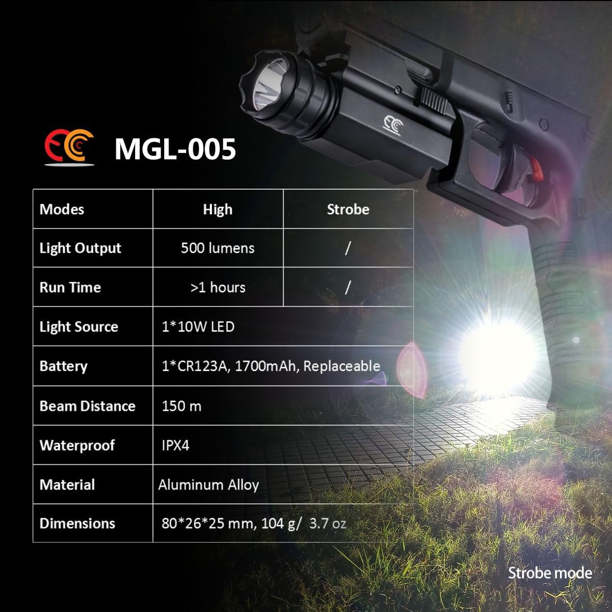 500 Lumens LED Rail Mount Tactical Gun Flashlight Pistol Light with Strobe, Quick Release for Hunting, Black