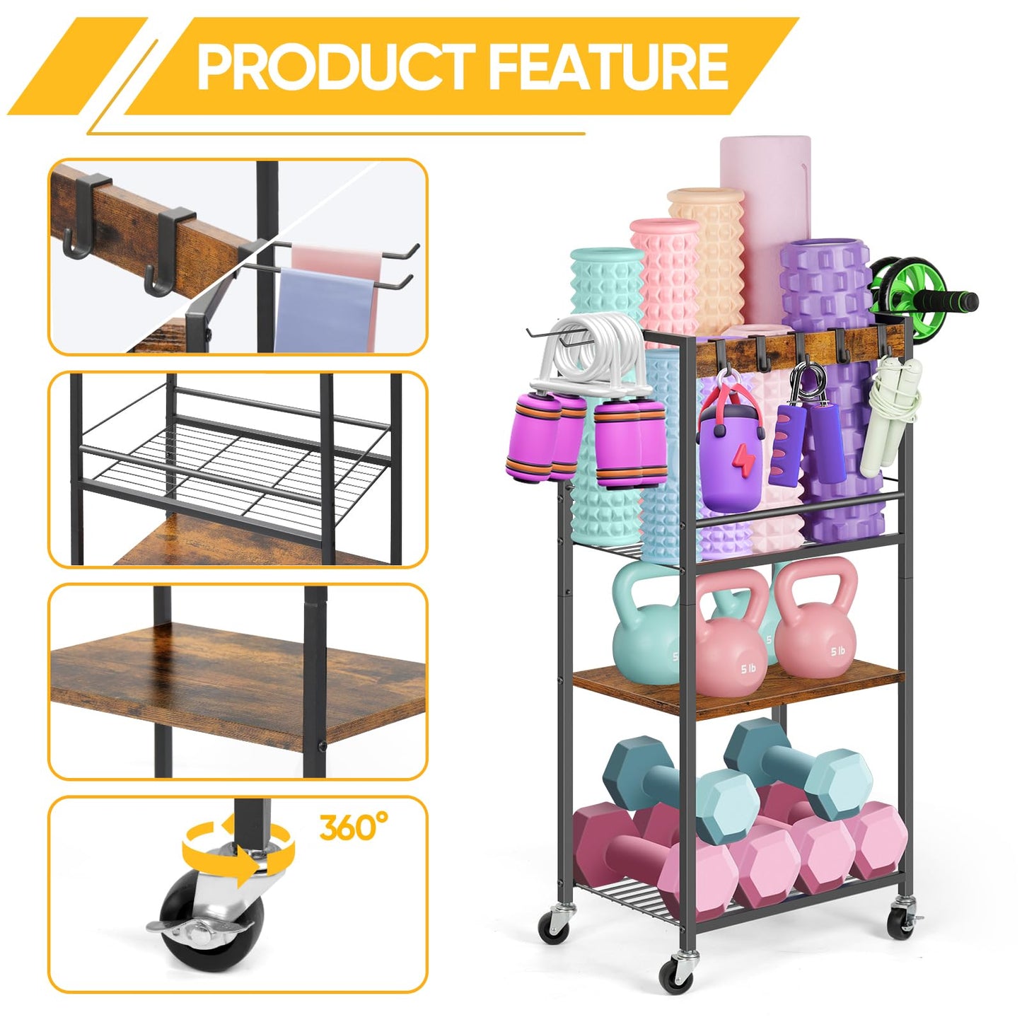 Home Gym Storage Rack, Heavy Duty Yoga Mat Holder Workout Equipment Storage Organizer Weight Rack with Hooks & Wheels for Dumbbells Kettlebells Dumbbell Yoga Block Foam Rollers Yoga Strap Resistance