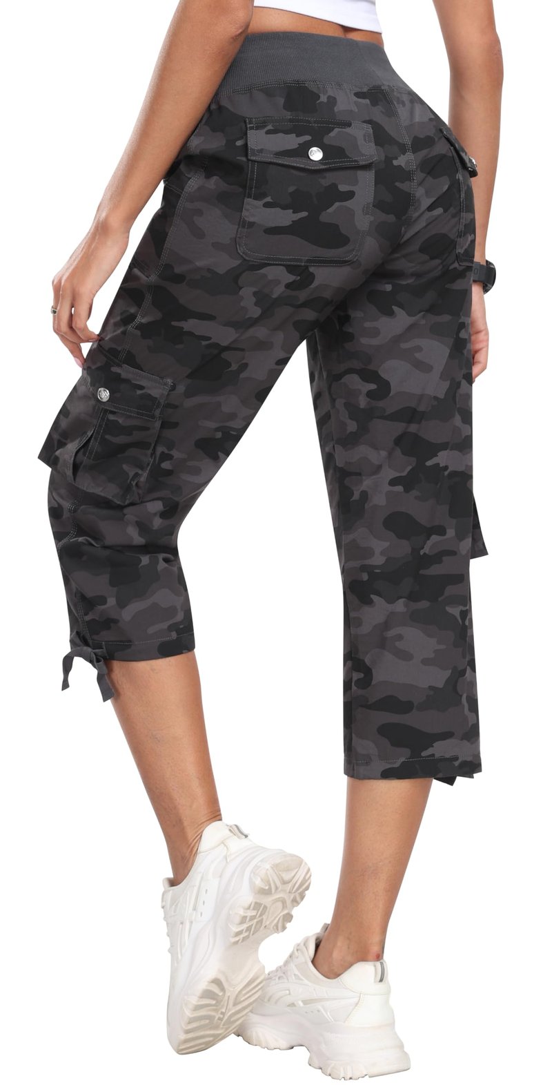 MoFiz Womens Capris with Pockets Loose Fit Casual Capri Pants Dressy Lightweight Ladies Baggy Cargo Pants for Hiking Camo Gray 2XL