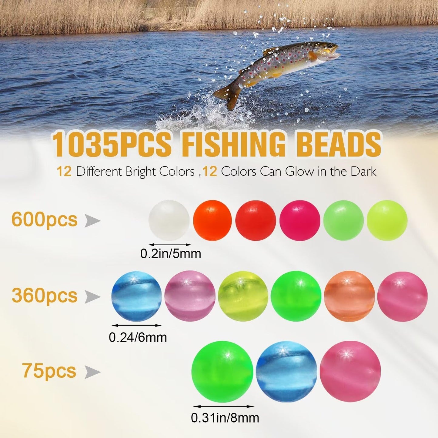 Dovesun Fishing Beads Fishing Line Beads Glow in Dark Fishing Beads for Saltwater Colorful Floating Beads for Fishing Rigs Fishing Bait Eggs 12 Colors B-5mm6mm8mm/0.2in0.24in0.32in(1035pcs)