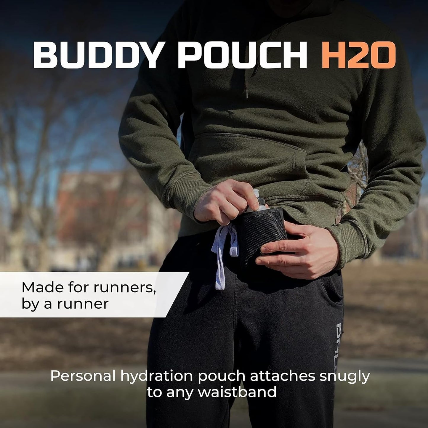 Running Buddy Running Water Bottle Pouch - 4" x 4" Black, 7 oz - Magnetic Water Bottle Holder for Running & Walking - No-Bounce Hydration Pack