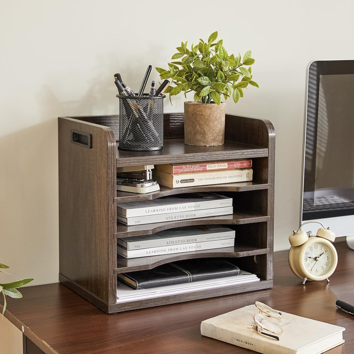 YMYNY Desktop File Organizer with Handle, Document Letter Mail Tray Sorter with 3 Adjustable Shelves, 5 Tiers Paper Holder for School Home Office Desk, Rustic Brown,13.4 * 12.4 * 9.06" UHBC006H