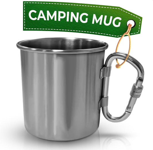 Stainless Steel Mug with Handle - Coffee Camping Mug with Carabiner Handle Portable Backpack Outdoor Cup Lightweight Camping Gear for Men - 13.5Oz Backpacking Coffee Cup Hiking Gift Climbing Mug