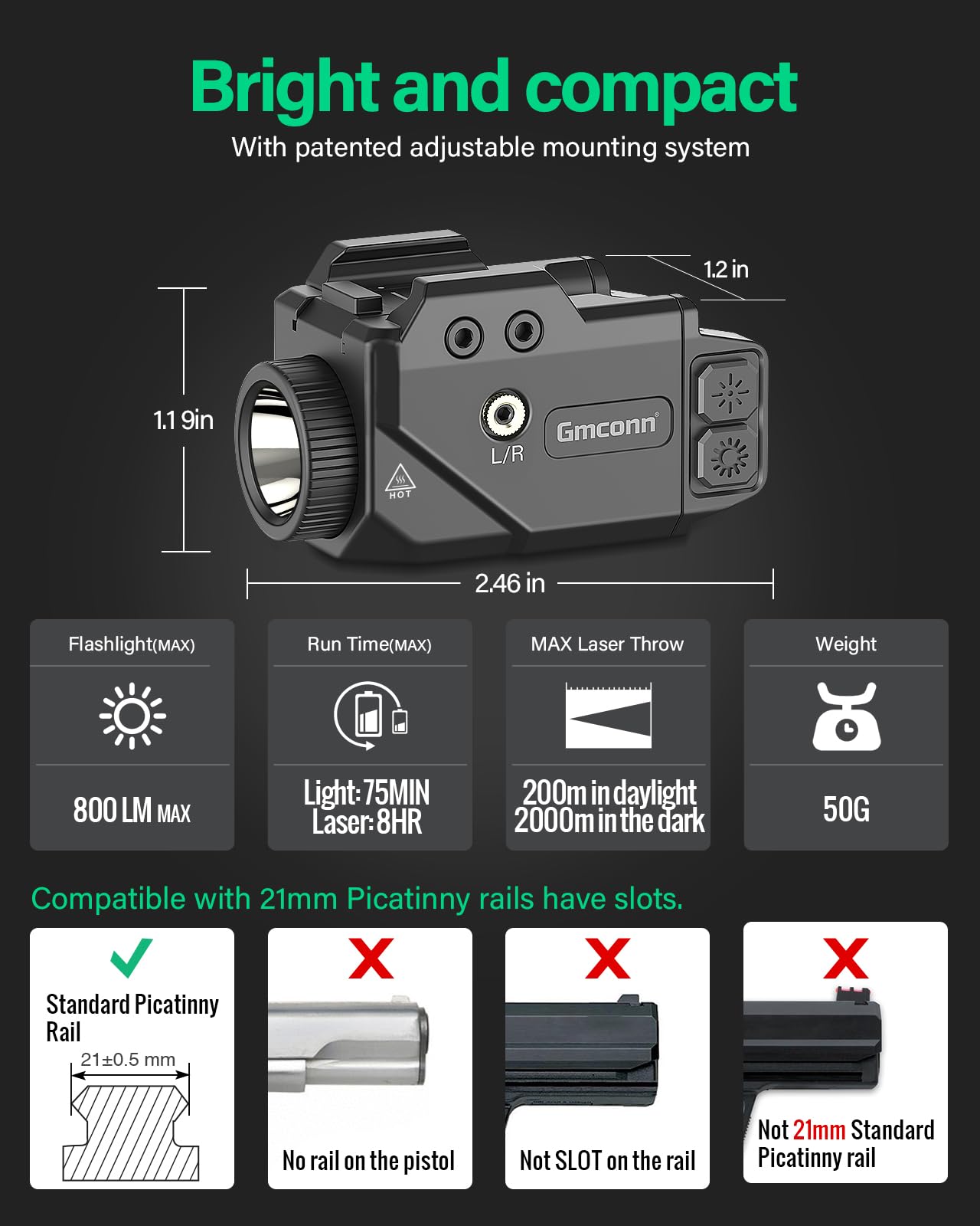 Gmconn 800 Lumen Tactical Flashlight Green Red Blue Laser Light Combo, Rechargeable Pistol Light with Strobe Function (Green Laser)