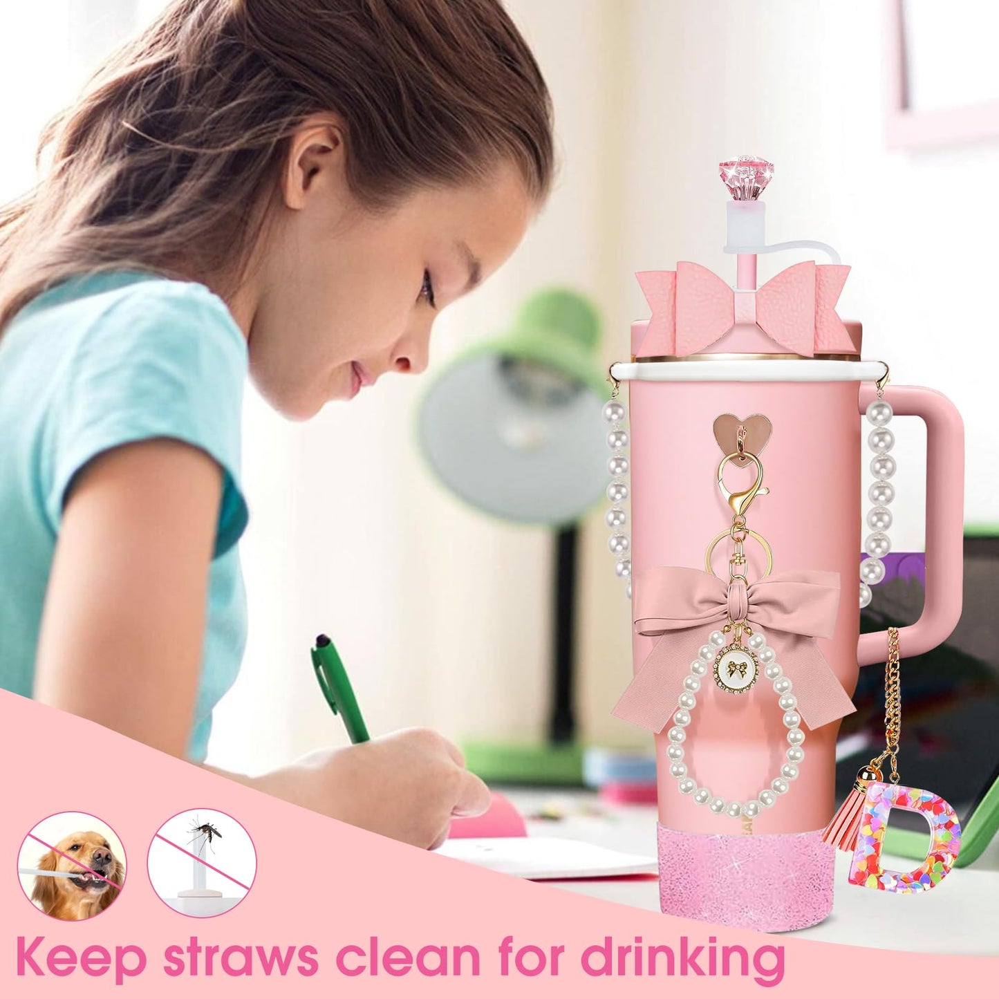 8Pcs Pink Stanley Cup Accessories Set for Stanley Cup 30&40 Oz Tumbler - Silicone Straw Cover Cap and Boot, Letter Charm for Handle, Bow Straw and Charm Decoration, Pearl Water Bottle Handle Strap(D)