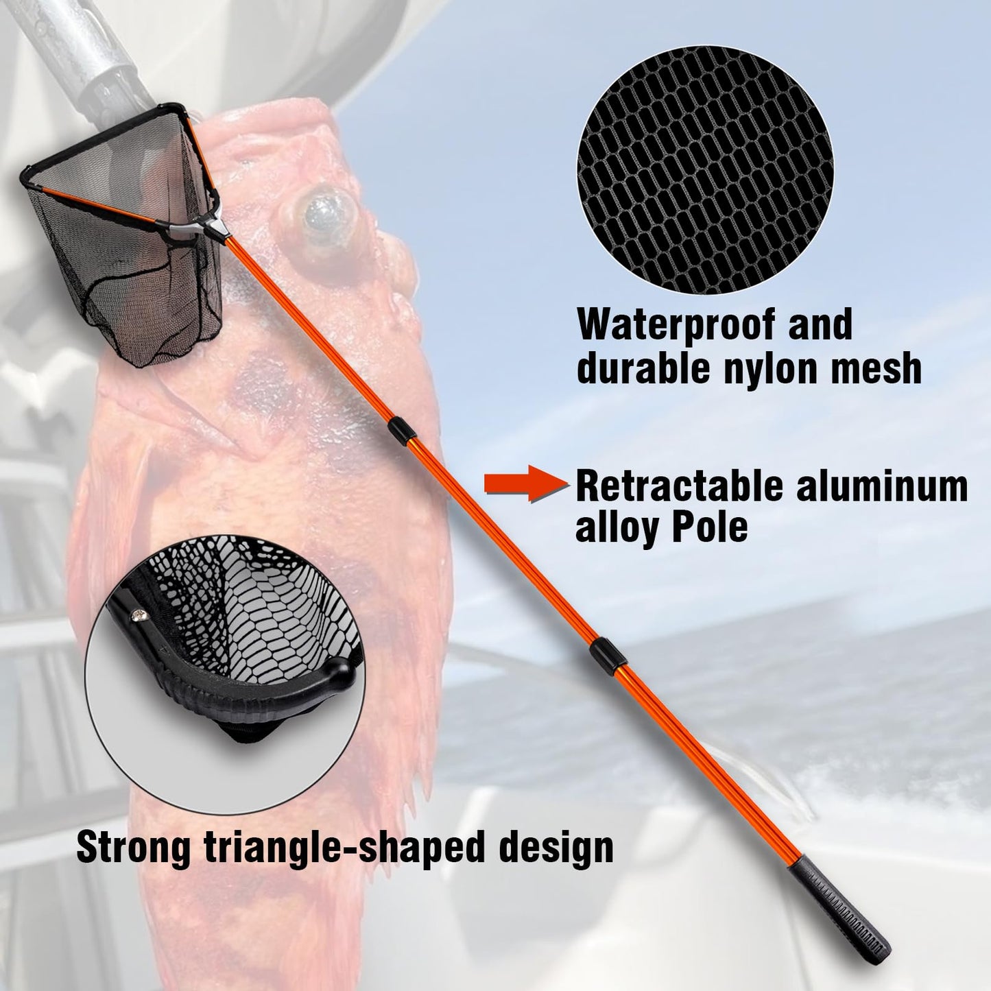 Fiblink Folding Aluminum Fishing Landing Net Fish Net with Extending Telescoping Pole Handle (Orange-Extend Length: 59-118 inches)