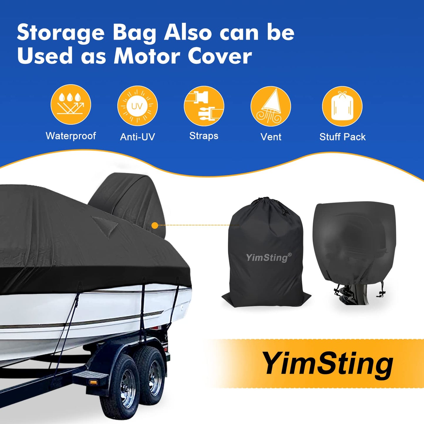 YimSting 1200D Waterproof Boat Cover - Fits 17' to 19' ft Bass, V-Hull, Tri-Hull, Fish & Ski, Runabout Bowrider Boats - Heavy Duty Canvas Black