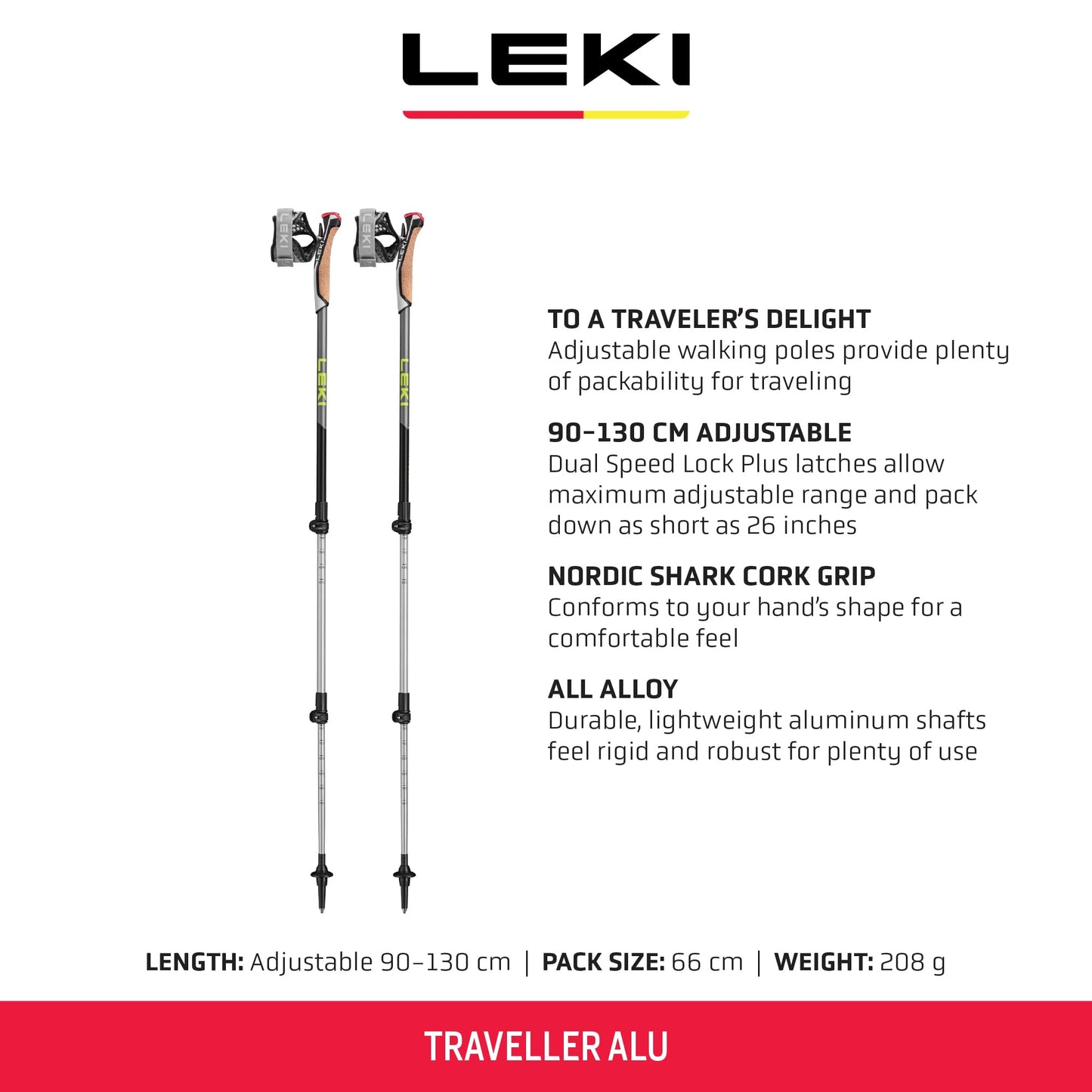 LEKI Traveller Alu Aluminum Adjustable Lightweight Trekking Poles for Hiking & Nordic Walking - Anthracite-Gray-Red - 90-130 cm