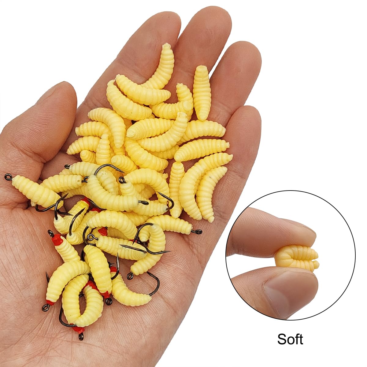 50 Pcs Rubber Maggots Fishing Bait, 20 Pcs Fishing Bait with Hooks + 30p Soft Maggot Bait Bread Worm, Fish Lures Worms Bulk Fishing Grubs for Trout, Crappie, Pan Fish, Bluegill, Fishing Lure Set