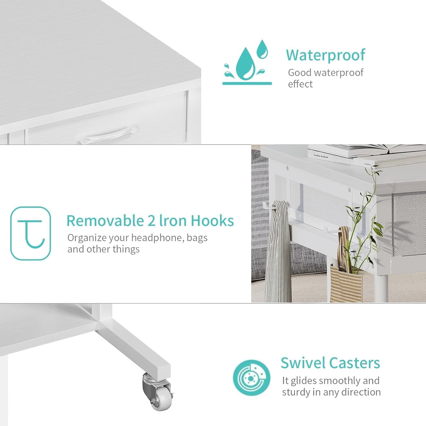 Small White Portable Rolling Desk - 32 Inch Adjustable Mobile Standing Teacher Desks with 2 Fabric Drawers on Wheels, Couch Sofa Side Laptop Table with Storage for Bedroom Home Office, White