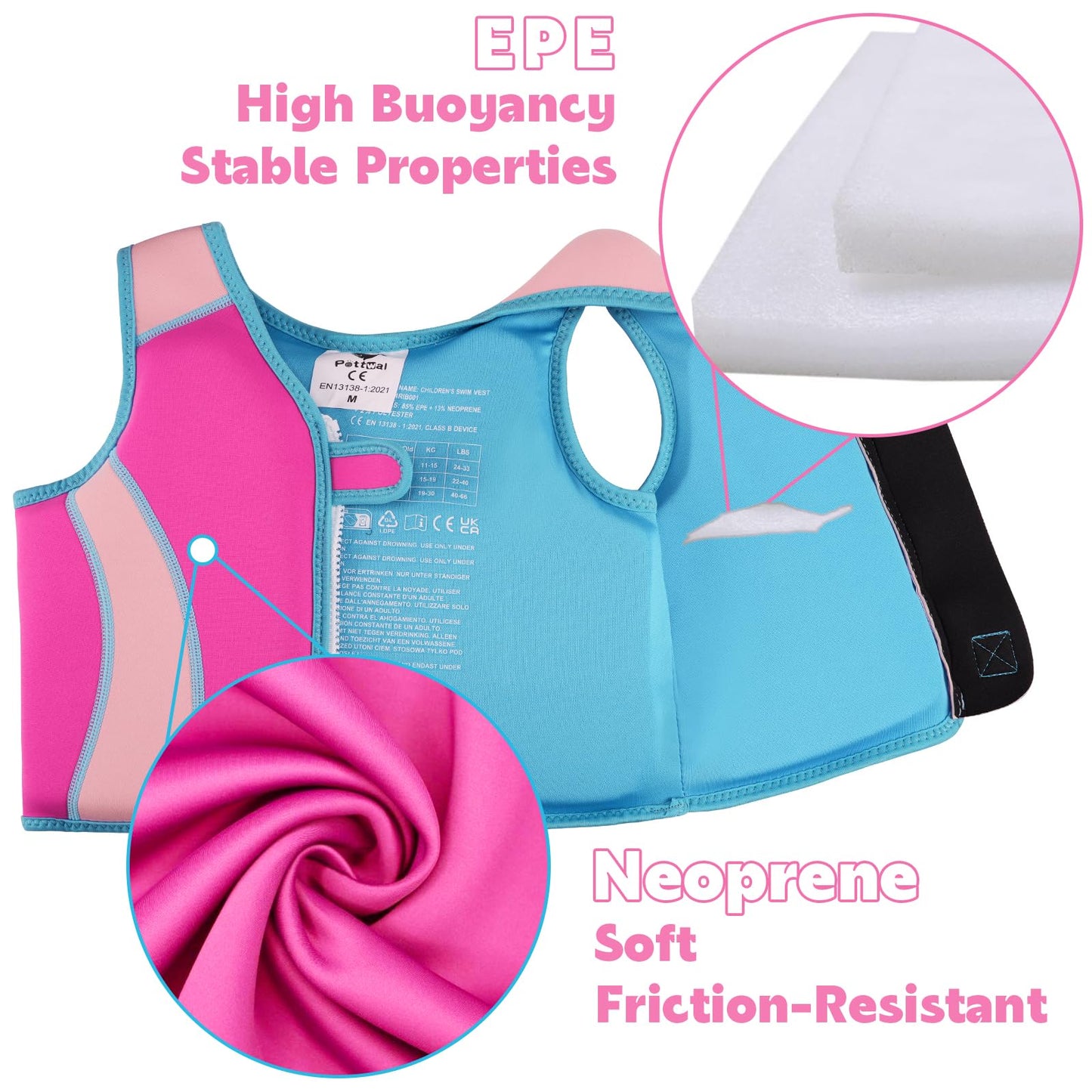 Pottwal Swim Vest for Kids - Swim Jacket for 1-2 Years (24-33LBS Weight) - Puddle Jumper with Adjustable Crotch Strap - Made of Neoprene & EPE - Pink Fish Fin Pattern
