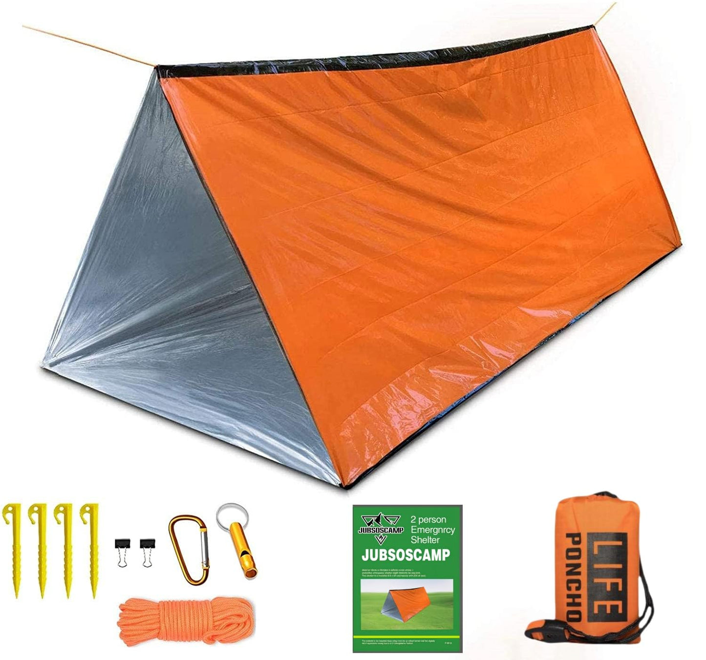JUBSOSCAMP 1 PCS Emergency Tent, Polyester Film Storm Shelter Survival Shelter with Whistle Drawstring Bag for 2 Person Car Camping, Hiking&First Aid (Orange Suit)