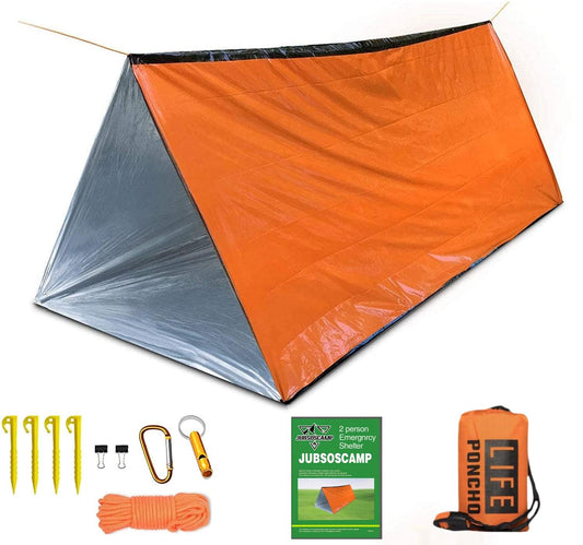 JUBSOSCAMP 1 PCS Emergency Tent, Polyester Film Storm Shelter Survival Shelter with Whistle Drawstring Bag for 2 Person Car Camping, Hiking&First Aid (Orange Suit)